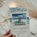 Modern Watercolor Ocean Beach Photo Save the Date<br><div class="desc">Modern Watercolor Ocean Beach Photo Save the Date  - A gorgeous,  watercolor Save the Date featuring a turquoise ocean and white sandy beach. The back of the Save the Date features a photo of the happy couple and a QR code that leads to your wedding website.</div>