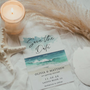 Modern Watercolor Ocean Beach Photo Save the Date Flyer