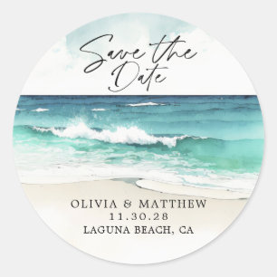 Modern Watercolor Ocean Beach Save the Date Classic Round Sticker