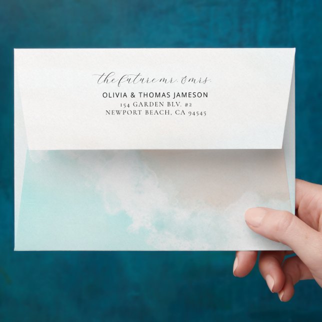 Modern Watercolor Ocean Beach Waves Wedding Envelope (Hand)