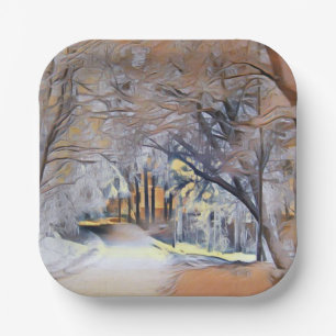 Modern watercolor of colored snowed trees paper plate