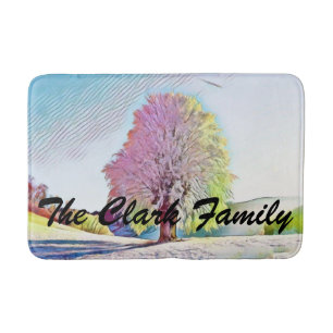 Modern watercolor of coloured snowed trees bath mat