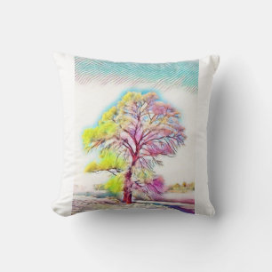 Modern watercolor of coloured snowed trees cushion
