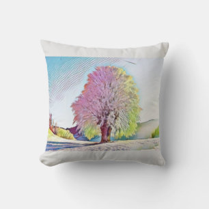 Modern watercolor of coloured snowed trees cushion