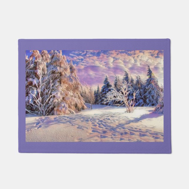 Modern watercolor of coloured snowed trees doormat (Front)