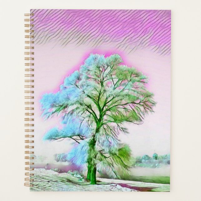 Modern watercolor of coloured snowed trees noteboo planner (Front)