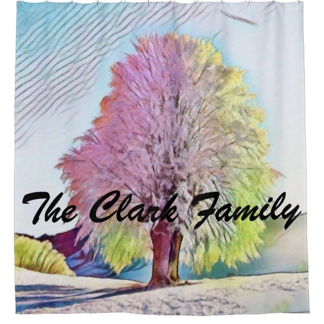 Modern watercolor of coloured snowed trees shower curtain (Front)