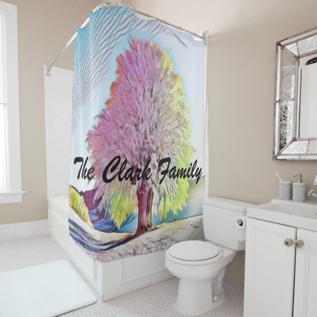 Modern watercolor of coloured snowed trees shower curtain (In Situ)