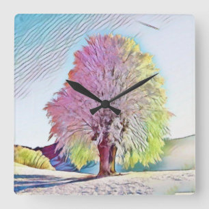 Modern watercolor of coloured snowed trees square wall clock