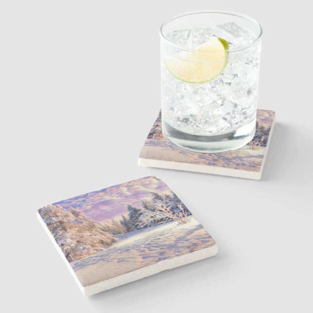 Modern watercolor of coloured snowed trees stone coaster (Side)