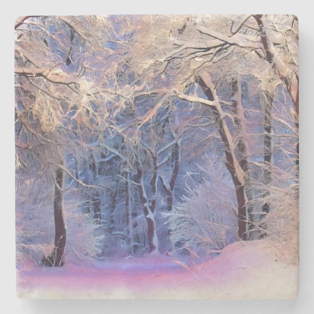 Modern watercolor of coloured snowed trees stone coaster (Front)