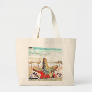 Modern Watercolor of Orange Seashells on Beach  Large Tote Bag