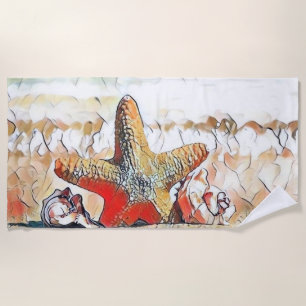 Modern Watercolor of Orange Seashells on Beach  Towel