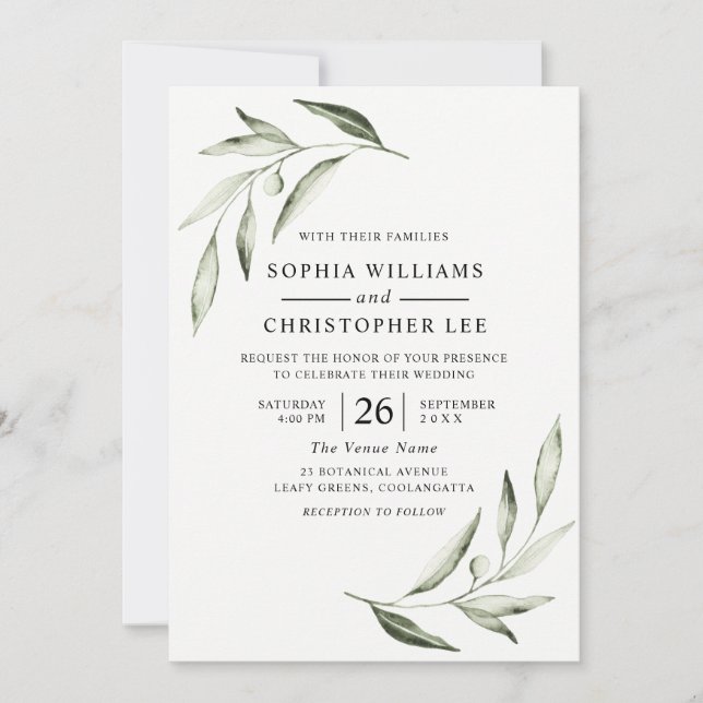 Modern Watercolor Olive Green Leaf Wedding Invitation (Front)