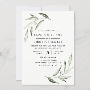 Modern Watercolor Olive Green Leaf Wedding Invitation