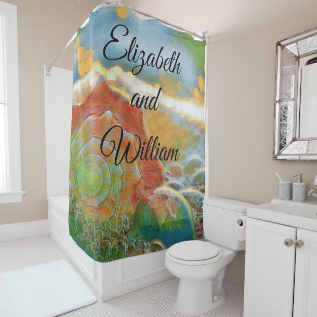 Modern Watercolor Orange and Green Seashell Shower Curtain (In Situ)
