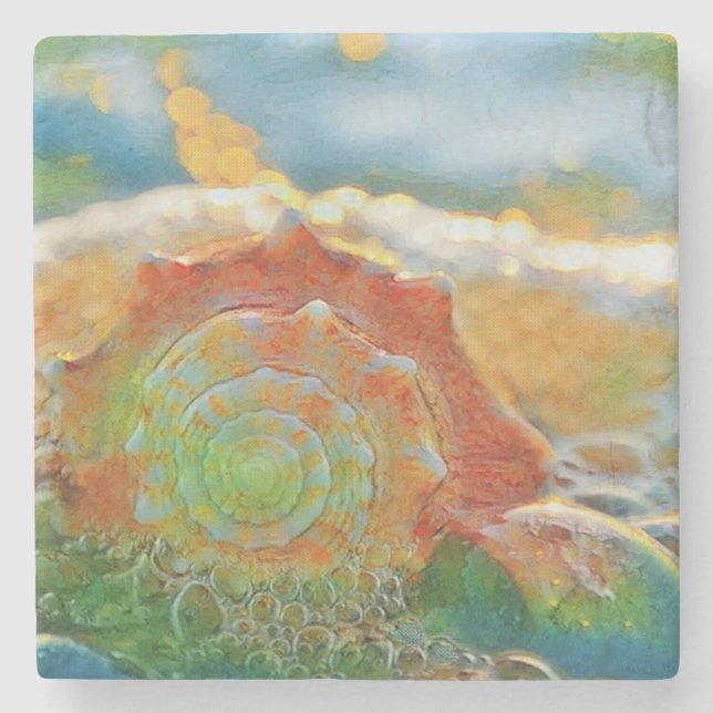 Modern Watercolor Orange and Green Seashell  Stone Coaster (Front)