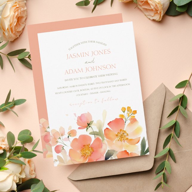 Modern Watercolor Orange Peach Floral Wedding Invitation (Creator Uploaded)