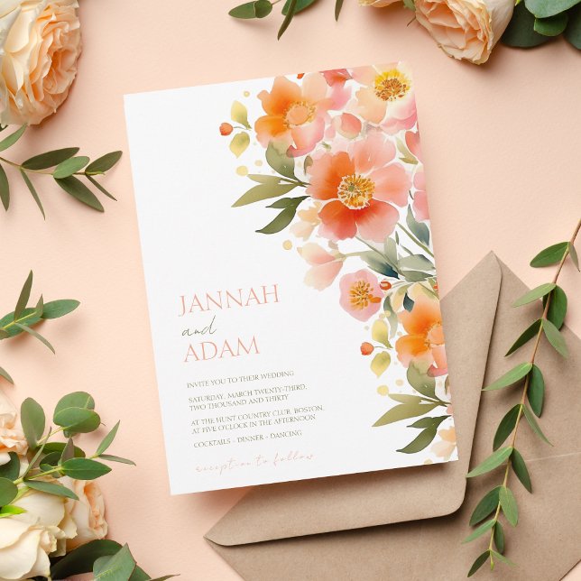 Modern Watercolor Orange Peach Floral Wedding Invitation (Creator Uploaded)