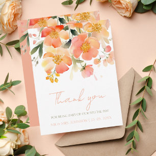 Modern Watercolor Orange Peach Floral Wedding Thank You Card