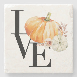 Modern Watercolor Orange Pumpkin With Love Stone Coaster