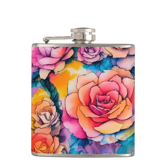 Modern Watercolor Paint Daubs Roses Bouquet Hip Flask (Front)