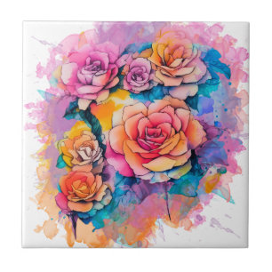 Modern Watercolor Paint Daubs Roses Bouquet Tile