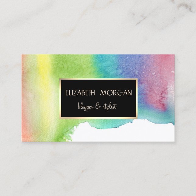 Modern Watercolor Paint  Splash, Gold Frame Business Card (Front)
