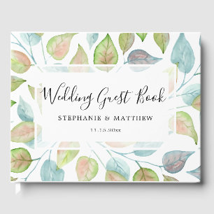 Modern Watercolor Painted Colourful Leaves Wedding Guest Book
