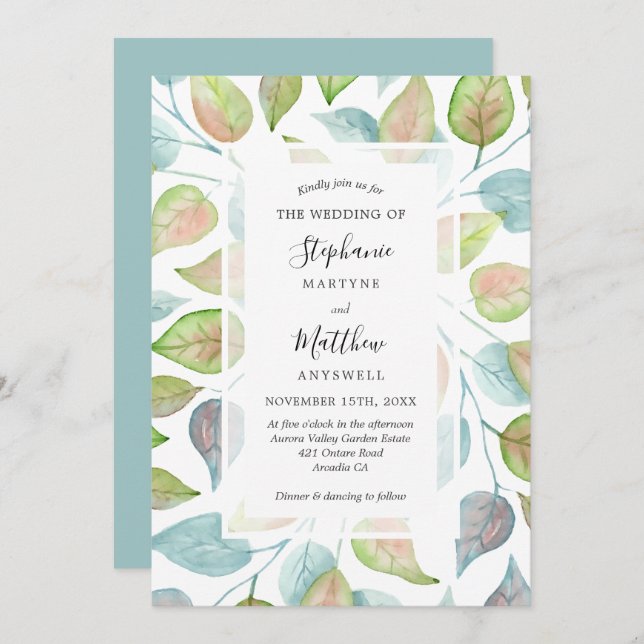 Modern Watercolor Painted Leaves Foliage Wedding Invitation (Front/Back)