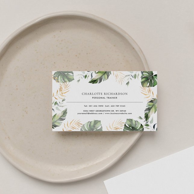 Modern Watercolor Palm Leaves Business Card (Palm Leaves Gold Foliage Modern Business Card)