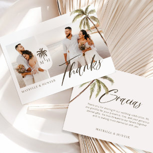 Modern Watercolor Palm Tree Monogram Wedding Photo Thank You Card