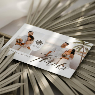 Modern Watercolor Palm Tree Monogram Wedding Photo Thank You Card