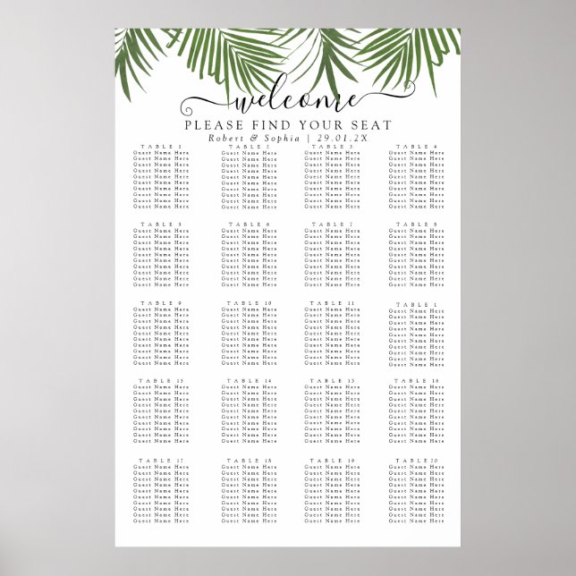 Modern Watercolor Palm Tree Seating Chart (Front)