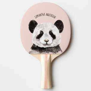 Modern Watercolor Panda With Name And Pastel Pink Ping Pong Paddle