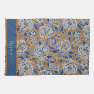 Modern Watercolor Pastel Blue Flowers Pattern Name Tea Towel