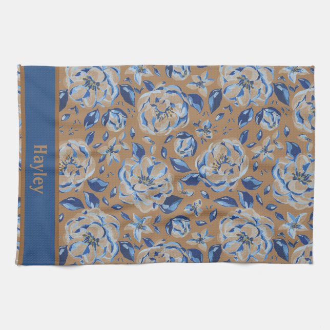 Modern Watercolor Pastel Blue Flowers Pattern Name Tea Towel (Horizontal)