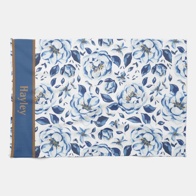 Modern Watercolor Pastel Blue Flowers Pattern Name Tea Towel (Horizontal)