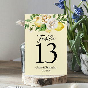 Modern Watercolor Pastel Yellow Lemons & Leaf  Table Number