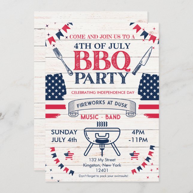 Modern Watercolor Patriotic 4th of July BBQ Invitation (Front/Back)
