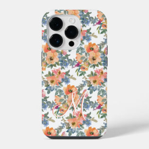 Modern Watercolor Peach Floral Pattern Monogram M iPhone 14 Pro Case