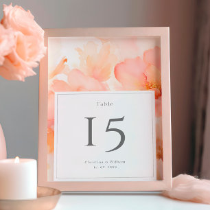 Modern Watercolor Peach Flower Wedding Table Number