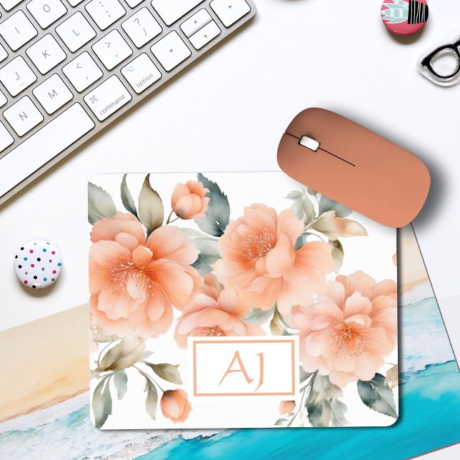 Modern Watercolor Peach Flowers Monogram Initials Mouse Pad (Creator Uploaded)