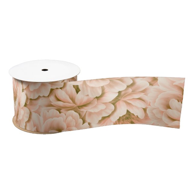 Modern Watercolor Peach Flowers Pattern Satin Ribbon (Spool)