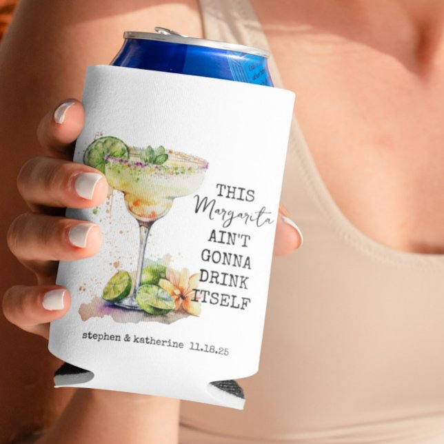 Modern Watercolor Personalised Margarita Wedding Can Cooler (Creator Uploaded)