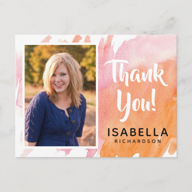 Modern Watercolor | Photo Graduation Thank You Postcard (Front)