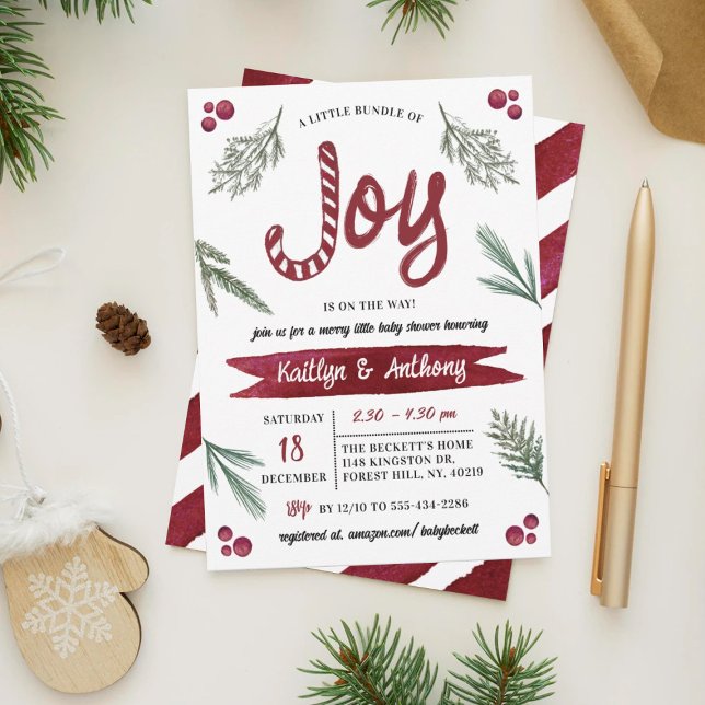 Modern Watercolor Pine Boughs "Joy" Baby Shower Invitation (Creator Uploaded)