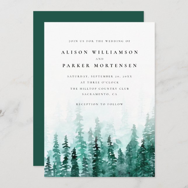 Modern Watercolor Pine Tree Forest Country Wedding Invitation (Front/Back)