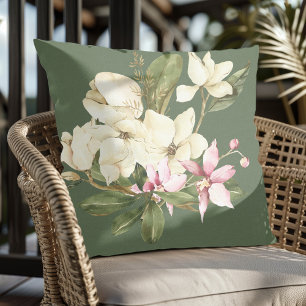 Modern Watercolor Pink and White Orchids Green Cushion