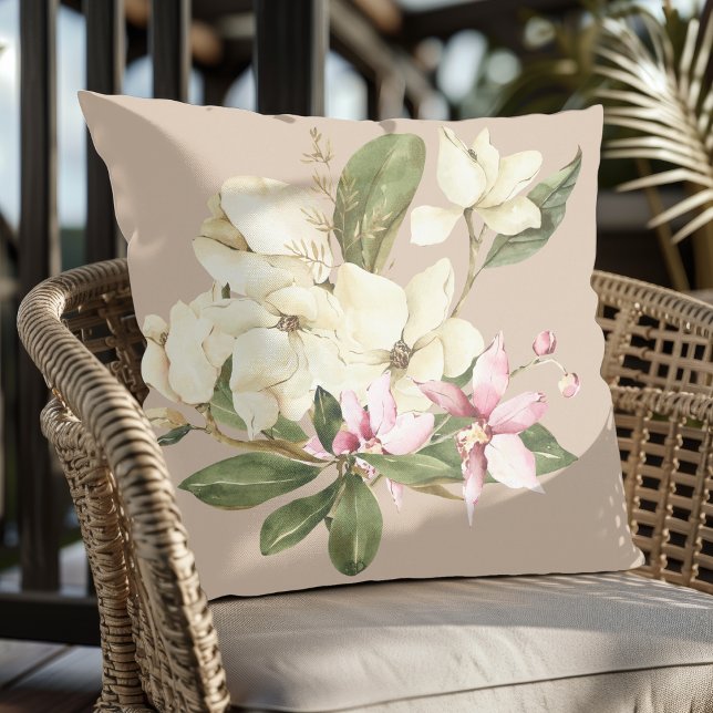 Modern Watercolor Pink and White Orchids Tan Cushion (Creator Uploaded)